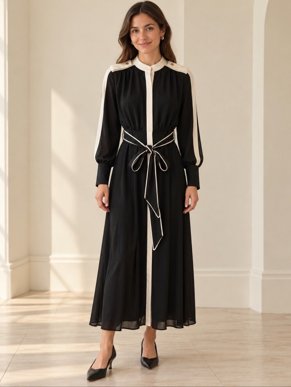 Karen Millen Black and White Long Sleeve Shirt Dress with Contrast Trim | US8P